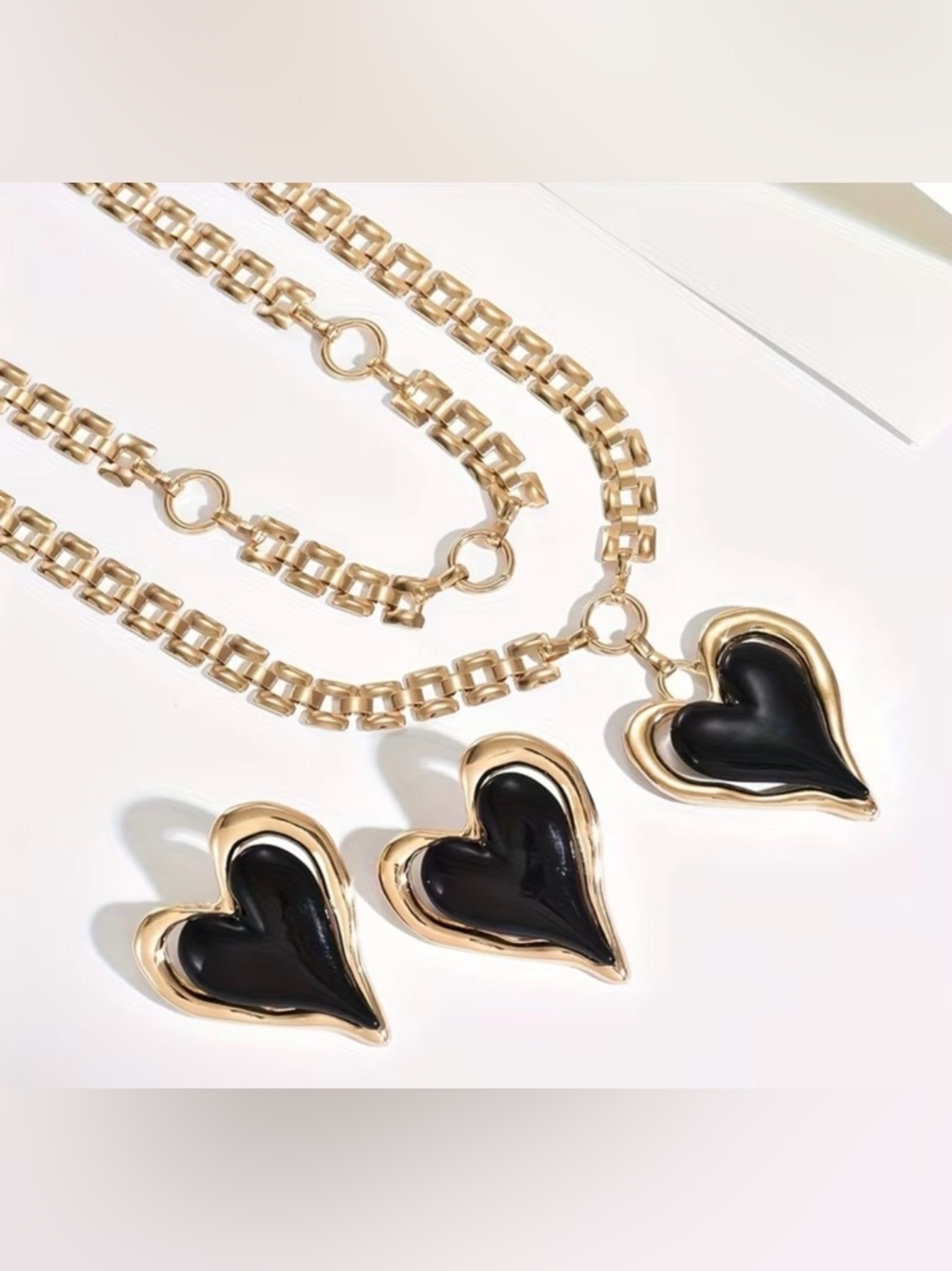 Gold and Black Heart Pendant Necklace & Earrings Set - Picture 2 of 6